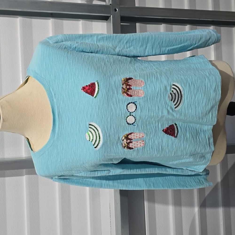 Cabana Cay‎ Women's Beach Themed Embellished Light Blue Sweater Shirt  Size XL